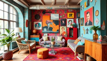 Vibrant and Colorful Retro Living Room with Eclectic Artwork Display