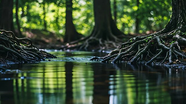 Serene Woodland Stream with Exposed Tree Roots Reflecting in Calm Water Surface