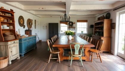 Bright and Airy Dining Room with Rustic Wooden Table and Chairs
