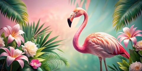 Pink flamingo in studio with tropical background and decorative flowers, studio photo, tropical bird,  studio photo