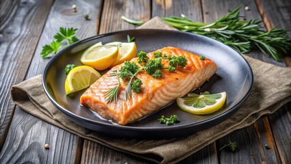 Pan-seared salmon fillet on a plate with lemon and herbs, food, fish,  food, fish
