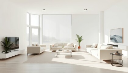 Fototapeta premium Modern Minimalist Living Room with Bright Natural Light and Plants