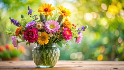 Colorful flowers arranged in a elegant vase with soft focus background, herbs, cactus, herbs,cactus