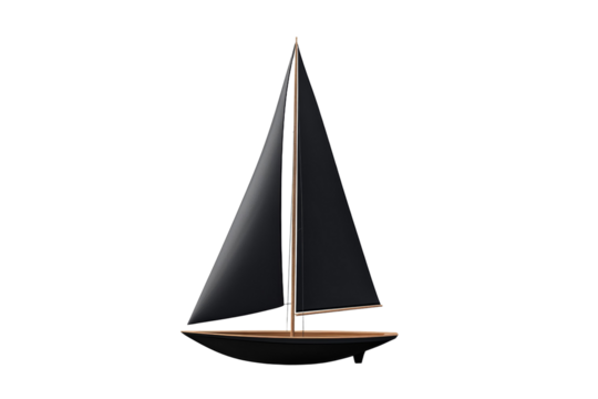 Black sailboat is shown on a white background, isolated