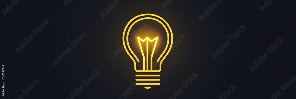 Poster glowing light bulb icon design in minimalist style with bright yellow highlights on a dark backgroun
