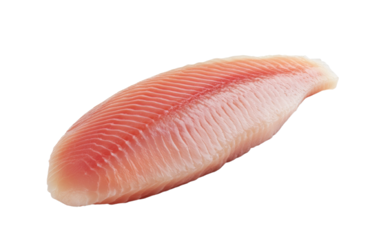 Piece of fish is shown on a white background, isolated