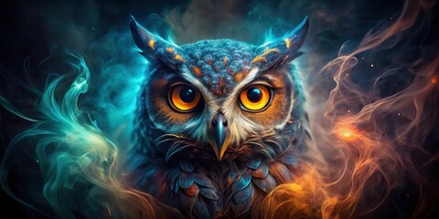 Obraz premium Mystical owl eyes glowing in the dark with smoke and shimmering colors , mysterious animal, nocturnal creature