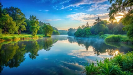 Fototapeta premium Serene lake at dawn with a gentle light stream of blue clear water and surrounding lush greenery and trees , natural scenery, environment
