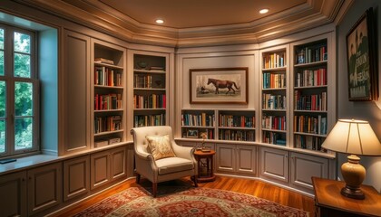 Cozy Reading Nook with Bookshelves and Soft Lighting Interior Design