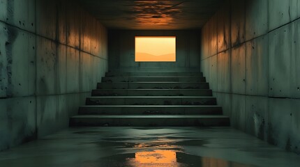 Cinematic basement stairs ascending into warm light, eerie underground tunnel with concrete walls, dramatic lighting, and surreal reflection on the floor

