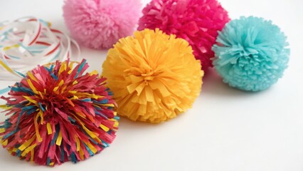 Colorful Pom-Poms on White Background