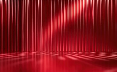 Striking Red Curtains Draped Elegantly in a Spotlight Setting with Reflective Glossy Floor