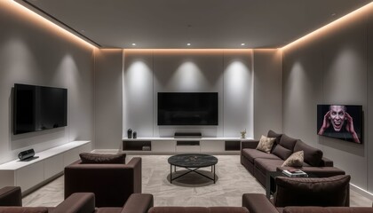 Modern Living Room Interior with Sleek Design and Ambient Lighting