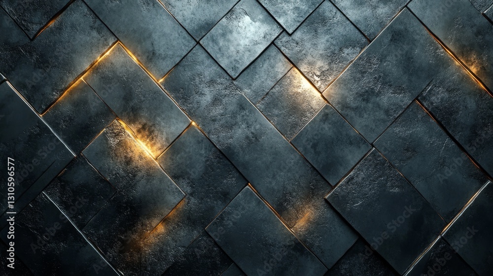 Wall mural illuminated textured metallic tiles arranged in a diagonal geometric pattern