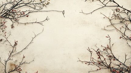 Bare branches with small red berries against a textured neutral wall