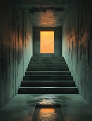 Dark concrete staircase leading toward a small glowing window, mysterious atmosphere with shadows and reflections on the wet floor in an abstract minimalist space
