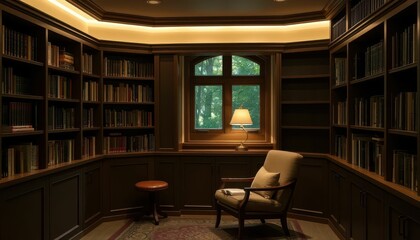 Cozy Reading Nook with Wooden Shelves and Soft Ambient Lighting
