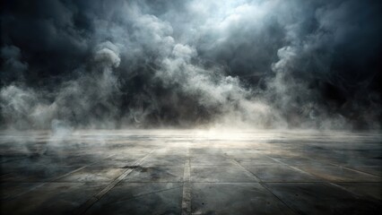 A vast empty floor with a thick haze of smoke rising from the centre, set against a dark and foreboding backdrop, evoking a sense of desolation and decay , desolate, decayed