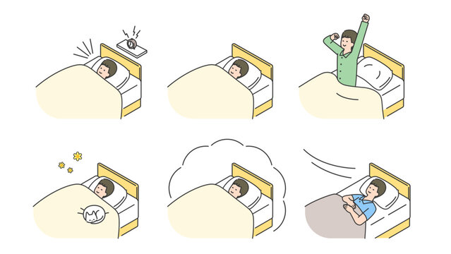 睡眠：ベッドで安眠する男性　セット、バリエーション