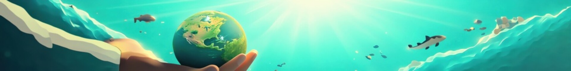 Fototapeta premium Protecting Our Planet A Hand Holding Earth Underwater Scene Artistic Illustration of Environmental Conservation