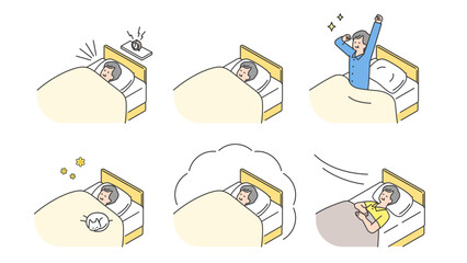 睡眠：ベッドで安眠するシニア男性　セット、バリエーション