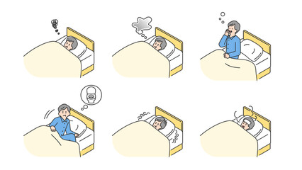睡眠：ベッドで安眠できないシニア男性　セット、バリエーション