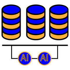AI Data Storage Icon – Server Database with AI Circuit for Data Management, Cloud Computing, and Big Data with Transparent Background.
