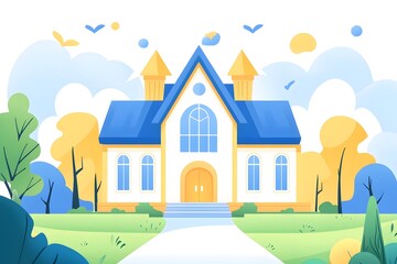 Fototapeta premium Scenery of house with blue roof and yellow wall