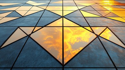 Geometric tiles reflect warm sunset in detailed close-up, creating dynamic patterns