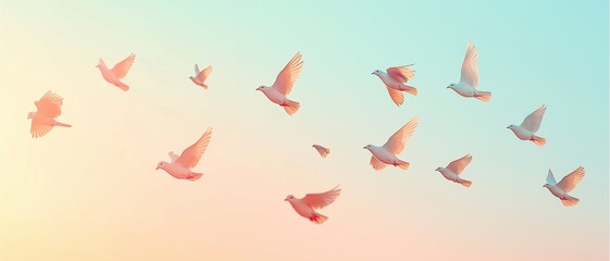 Water Color, Flock of doves soaring at sunrise serene sky nature photography calm atmosphere aerial perspective freedom concept
