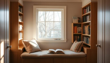 Fototapeta premium Cozy Reading Nook with Book Shelves and Sunlit Window View