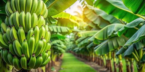 Obraz premium A close-up shot of lush green tropical banana fruits growing on a banana plantation with large leaves and vines in the background , green, tropical