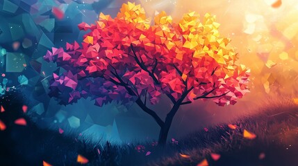 Colorful Polygonal Tree Autumn Landscape Scene