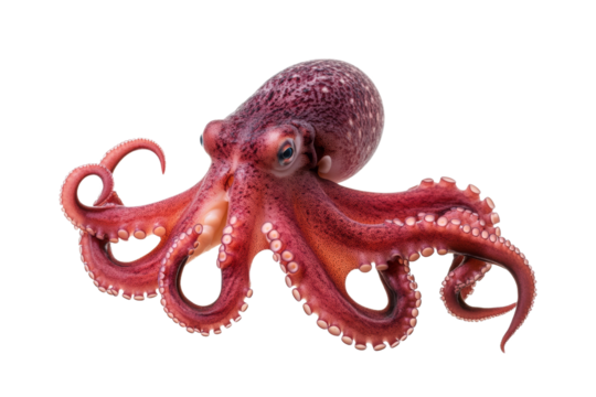 Large, red octopus with a black face and orange tentacles, isolated