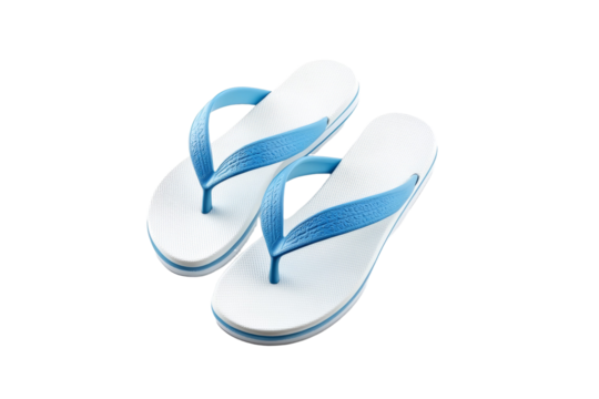 Pair of flip flops with a blue strap and white sole, isolated