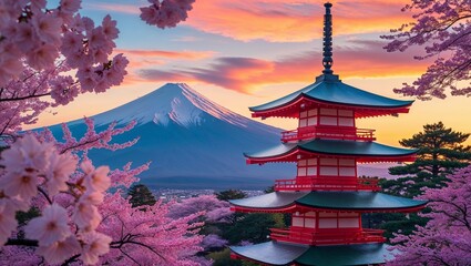 Cherry Blossoms, Pagoda & Mount Fuji at Sunset – Stunning Japan Landscape