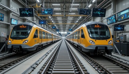 Modern Electric Trains on Tracks in High-Tech Rail Maintenance Facility