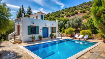 Fototapeta premium Traditional Greek whitewashed house with blue doors and pool surrounded by lush greenery and cypress trees in a secluded hilltop location, greek island retreat, hilltop views