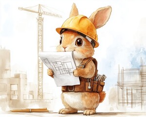 Water Color, Construction rabbit with blueprint industry site cartoon character urban environment cute perspective creativity in building