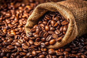 Macro Coffee Beans Burlap Sack Spill - High-Resolution Stock Photo