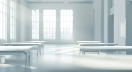Fototapeta premium Empty Modern Classroom with Tidy Rows of Tables and Bright Natural Light Illuminating the Minimalist Interior Design