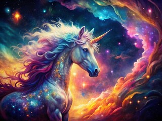 Fototapeta premium Macro Cosmic Unicorn on Grunge Starry Night: Fantasy Art Stock Photo