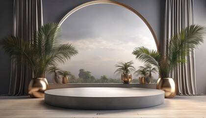 Fototapeta premium Stylish 3D render of a modern podium stage, perfect for product displays. Features a gray circular platform, lush palm plants in gold pots, and elegant gray curtains. A scenic sky view