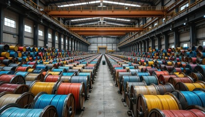 Fototapeta premium Colorful Spools of Wire in a Large Industrial Warehouse Interior