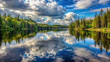 Fototapeta premium A serene lake surrounded by tall trees with reflection of sky and clouds, water's surface is calm and peaceful, with only a few ripples disturb the tranquility, serenity, body of water