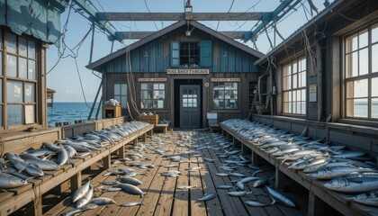 Rustic Fishing Pier with Freshly Caught Fish Under Clear Sky