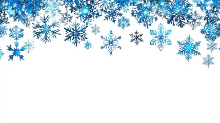 Snowflakes cascade from top, wintery scene, white background, festive, decorative elements
