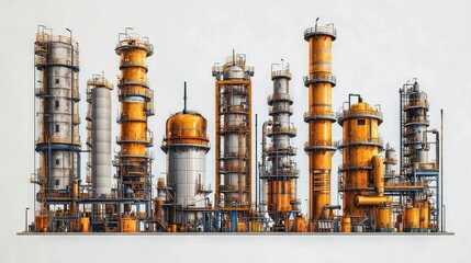 Obraz premium Massive industrial refinery complex seemingly endless against a bright white background emphasizing its scale and impact
