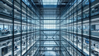 Modern Office Interior with Glass Walls in Urban Business Center