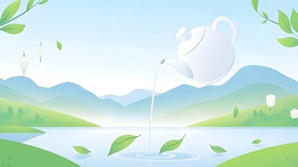 Pouring water from teapot in landscape